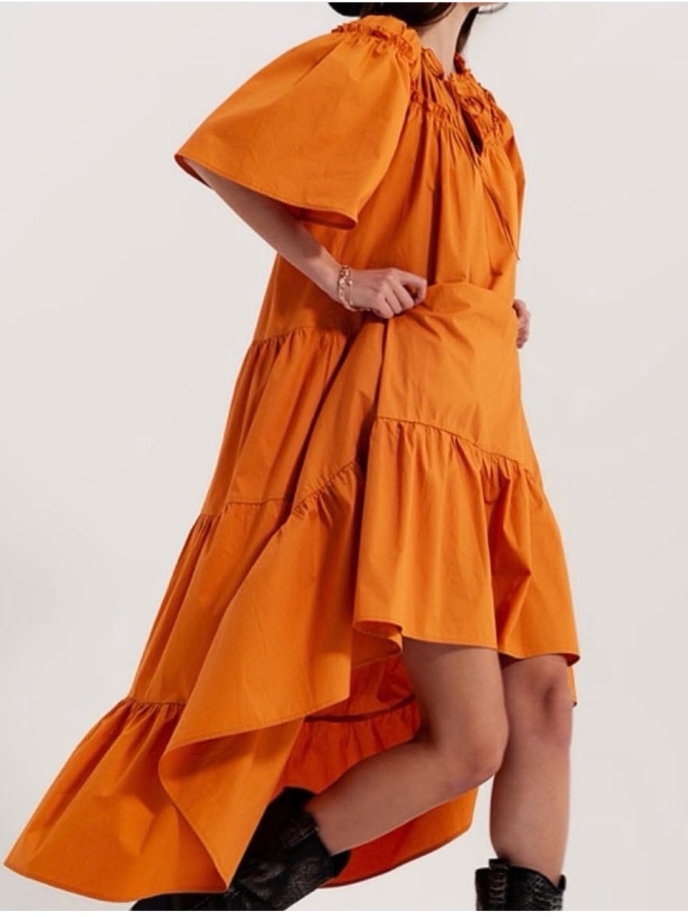 Q2 Orange Tiered High-Low Dress with Puff Sleeves